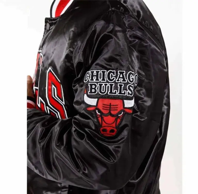 Chicago Bulls Full-Snap Varsity Black Satin Men's Bomber Jacket