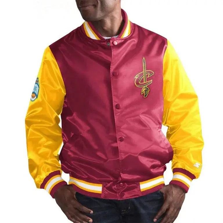 Cleveland Cavaliers Leader Full-Snap Varsity Burgundy and Yellow Satin Men's Bomber Jacket