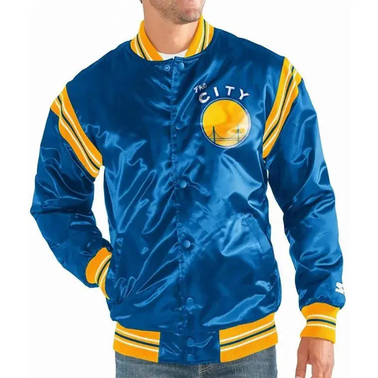 Golden State Warriors Throwback Full-Snap Varsity Royal Blue Satin Men's Bomber Jacket