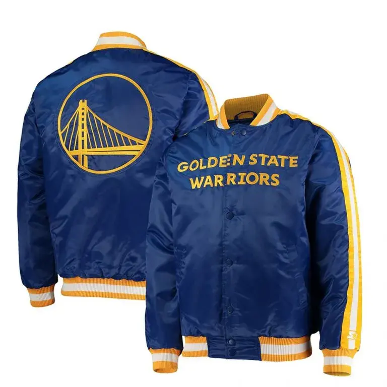 Golden State Warriors Throwback Full-Snap Varsity Royal Blue Satin Men's Bomber Jacket