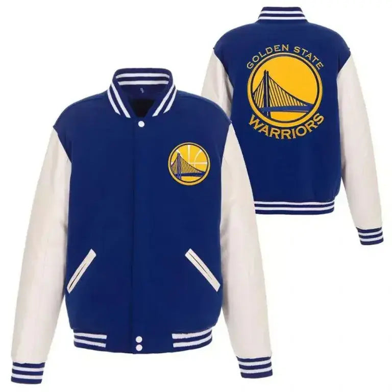 Golden State Warriors Domestic Varsity Blue Wool & White Genuine Leather Sleeves Men's Bomber Jacket