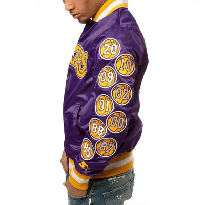 Los Angeles Lakers Champs 17 Patches Full-Snap Varsity Purple Satin Men's Bomber Jacket