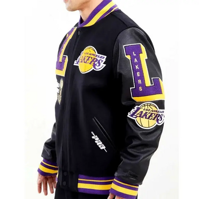 Los Angeles Lakers Mash Up Capsule Varsity Black Wool & Genuine Leather Sleeves Men's Bomber Jacket