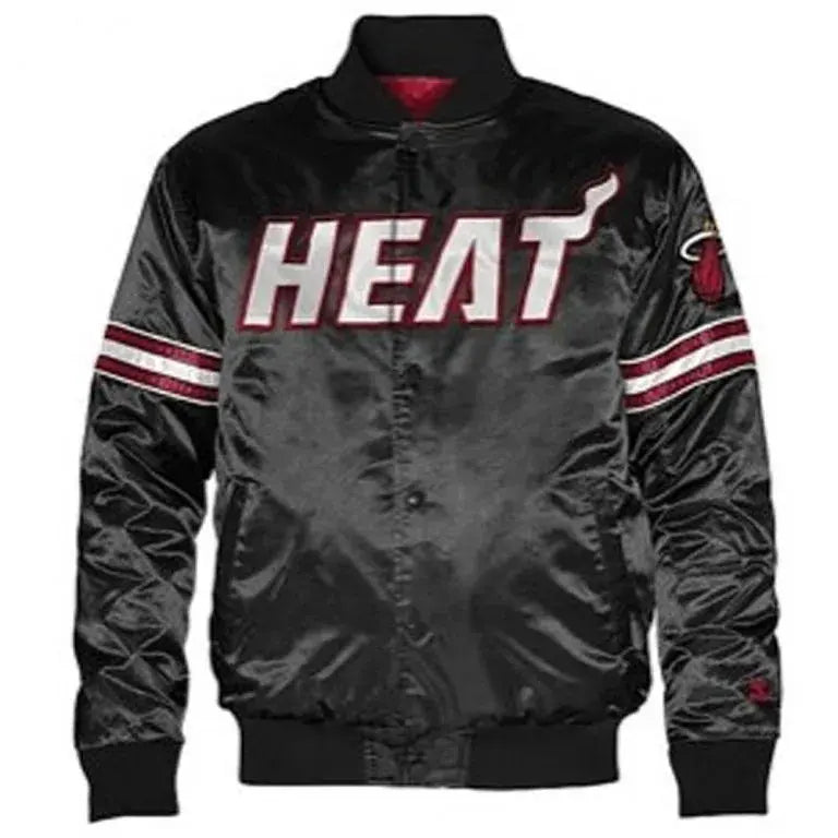Miami Heat Pick & Roll Full-Snap Varsity Black Satin Men's Bomber Jacket