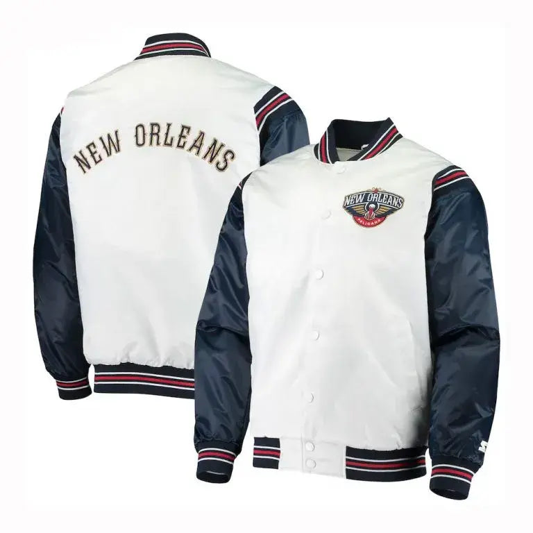 New Orleans Pelicans Full-Snap Varsity White and Navy Blue Satin Men's Bomber Jacket