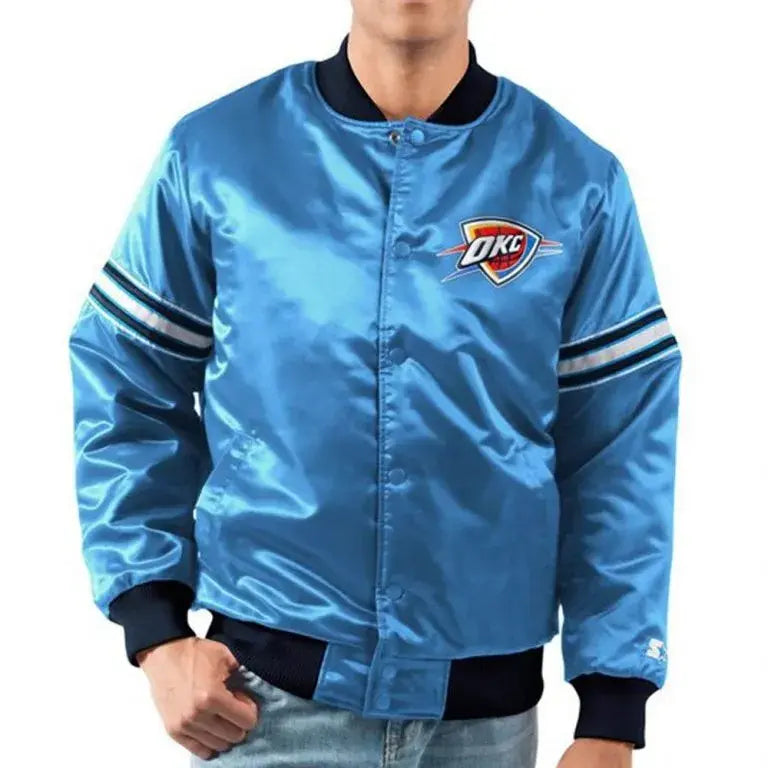 Oklahoma City Thunder Pick Full-Snap Varsity Blue Satin Men's Bomber Jacket