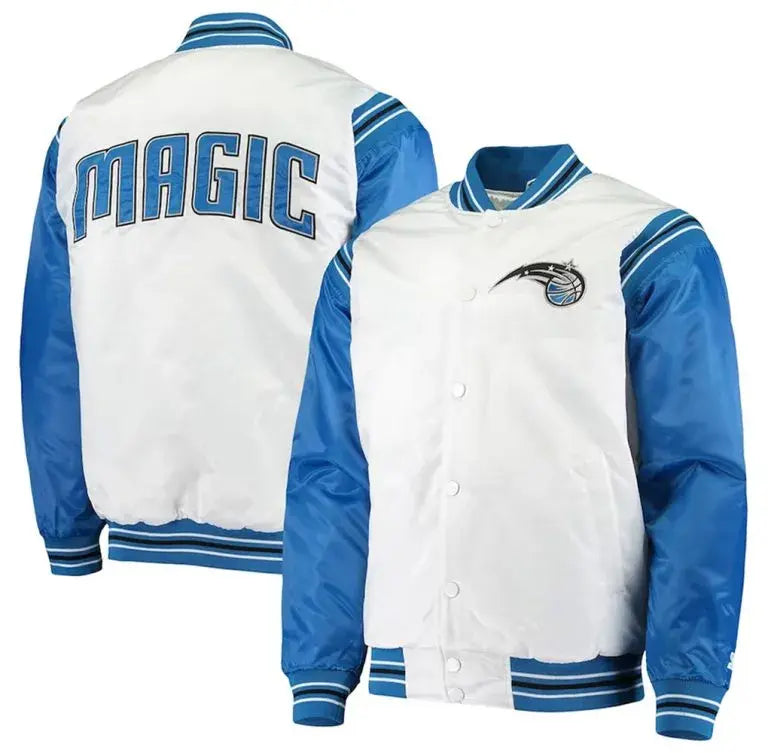 Orlando Magic Renegade Full-Snap Varsity White and Blue Satin Men's Bomber Jacket