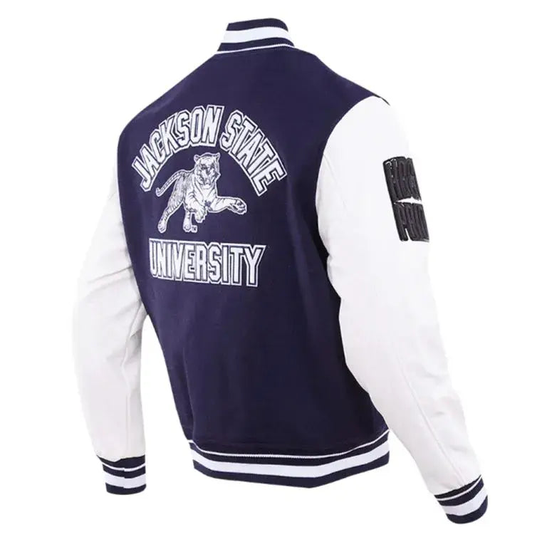 Jackson State University Navy Blue Wool & Gold Genuine Leather Sleeves Men's Letterman Jacket