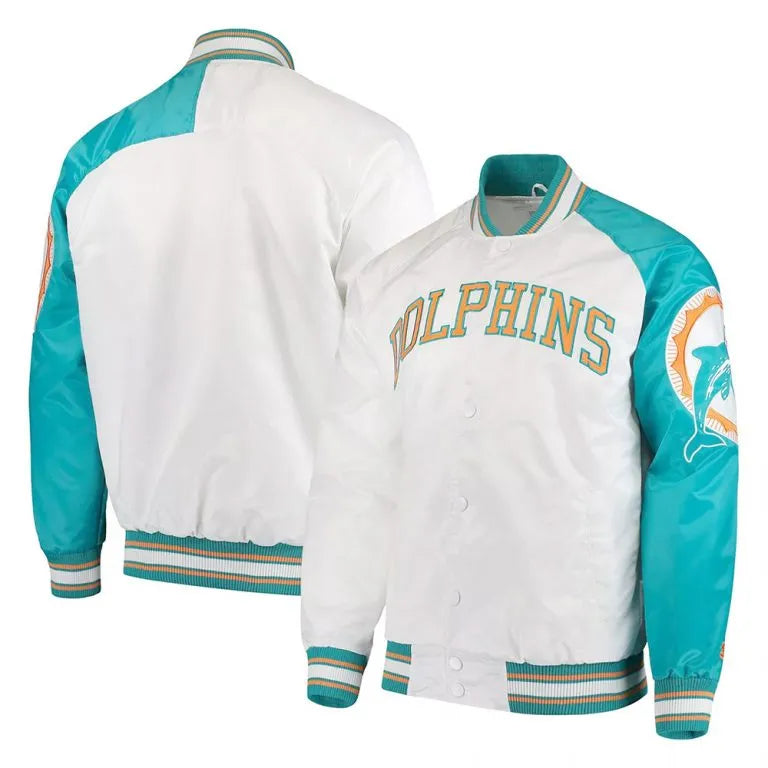 Miami Dolphins Retro Start of Season Full-Snap Varsity Aqua & White Satin Men's Bomber Jacket