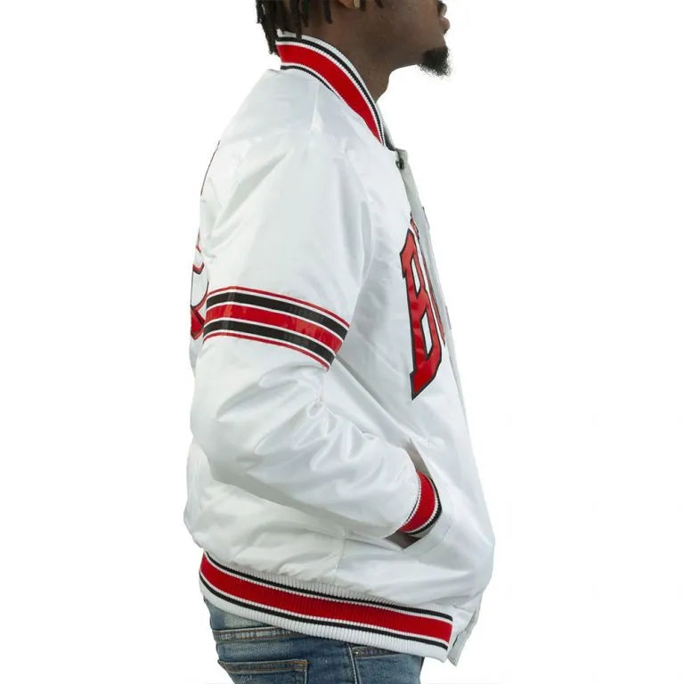 NBA Chicago Bulls Full-Snap Varsity Striped White Satin Men's Bomber Jacket