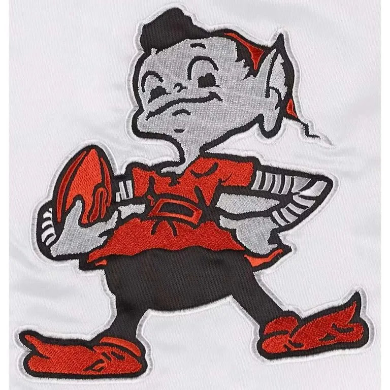 Cleveland Browns Throwback Pitch Full-Snap Varsity White and Brown Satin Men's Bomber Jacket