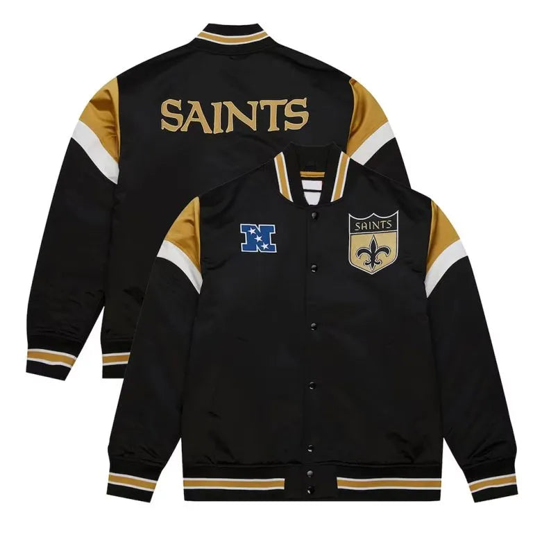 New Orleans Saints Heavyweight Full-Snap Varsity Black Satin Men's Bomber Jacket
