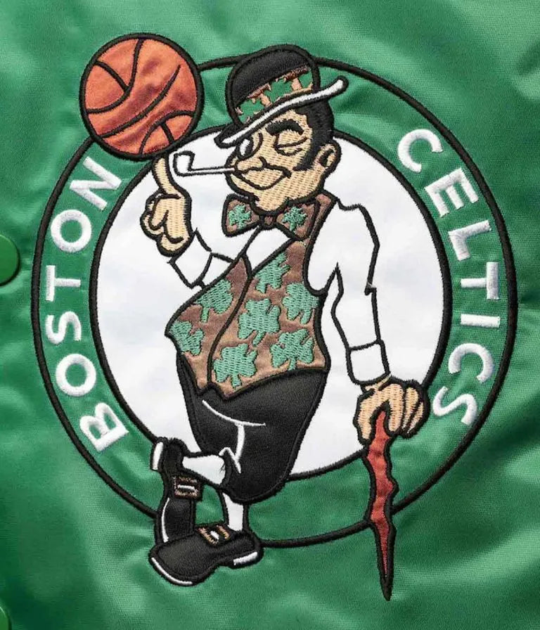Boston Celtics Reliever Full-Snap Varsity Kelly Green/Black Satin Men's Bomber Jacket