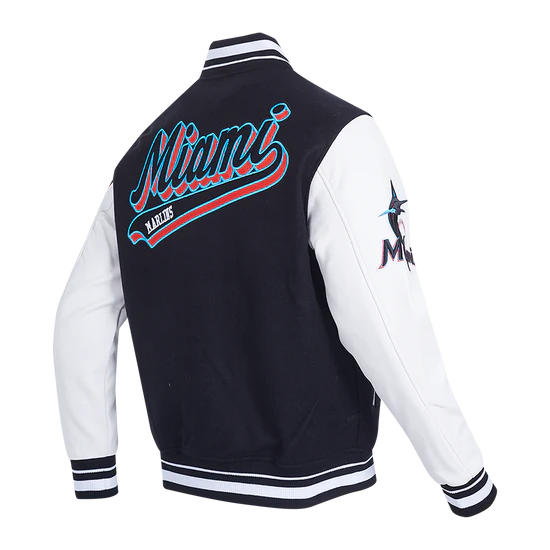 Miami Marlins Script Tail Varsity Letterman Black Wool & White Leather Men's Jacket