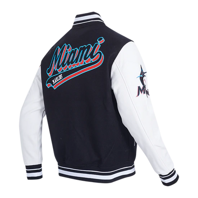 Miami Marlins Script Tail Varsity Letterman Black Wool & White Leather Men's Jacket