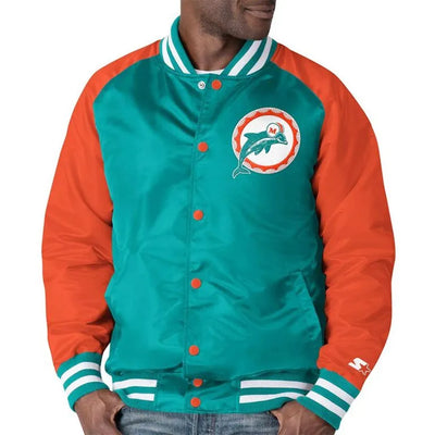 Miami Dolphins Lead Off Full-Snap Varsity Aqua/Orange Satin Men's Bomber Jacket
