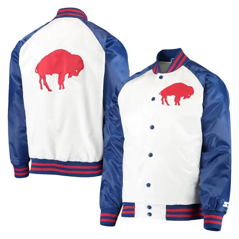 Buffalo Bills Clean Up Throwback Full-Snap Varsity Royal Blue and White Satin Men's Bomber Jacket