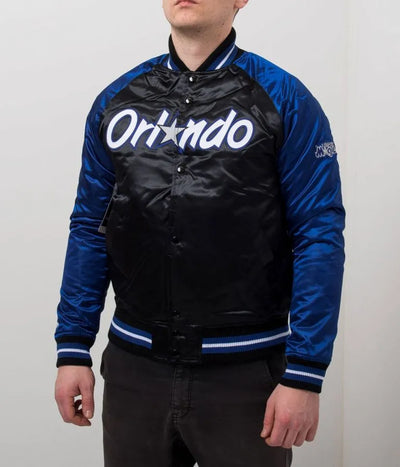 Orlando Magic Full-Snap Varsity Blue and Black Satin Men's Bomber Jacket