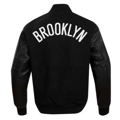 Brooklyn Nets NBA Black Wool & Genuine Leather Sleeves Men's Varsity Letterman Jacket