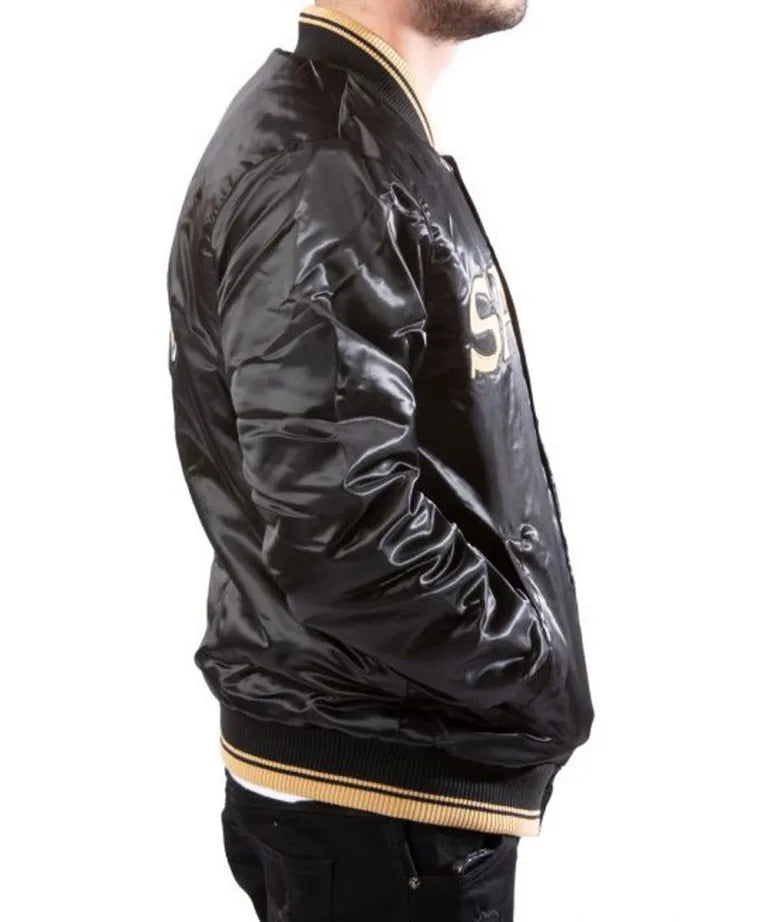 New Orleans Saints Full-Snap Varsity Black Satin Men's Bomber Jacket
