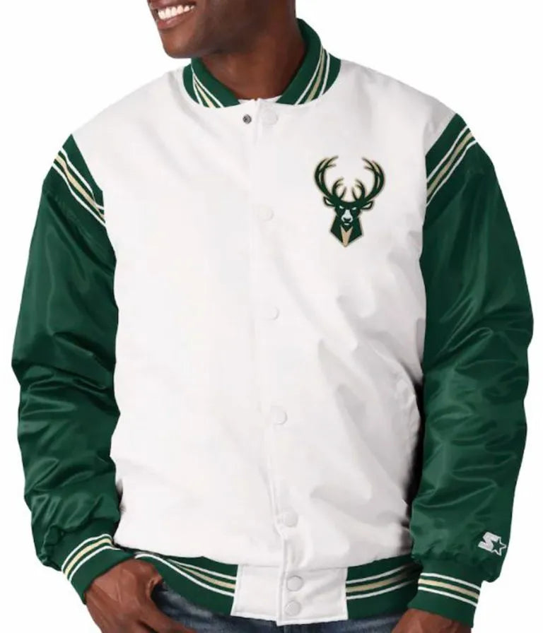 Milwaukee Bucks Full-Snap Varsity White and Green Satin Men's Bomber Jacket