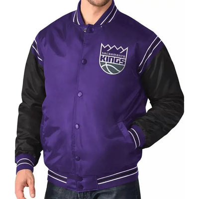 Sacramento Kings The Enforcer Full-Snap Varsity Purple and Black Satin Men's Bomber Jacket