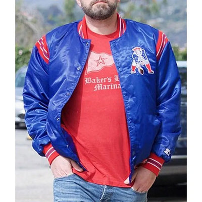 New England Patriots Ben Affleck Full-Snap Varsity Royal Blue Satin Men's Bomber Jacket