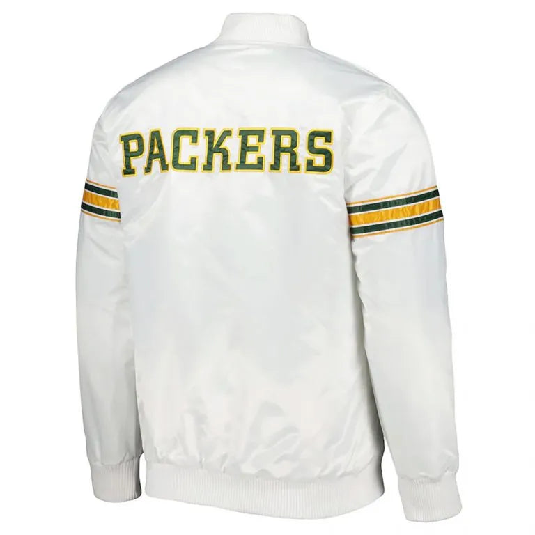 Green Bay Packers The Power Forward Full-Snap Varsity White Satin Men's Bomber Jacket