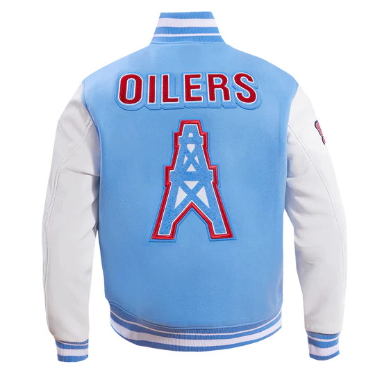 Houston Oilers Sky Blue Wool and White Genuine Leather Sleeves Men's Varsity Letterman Jacket