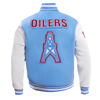 Houston Oilers Sky Blue Wool and White Genuine Leather Sleeves Men's Varsity Letterman Jacket