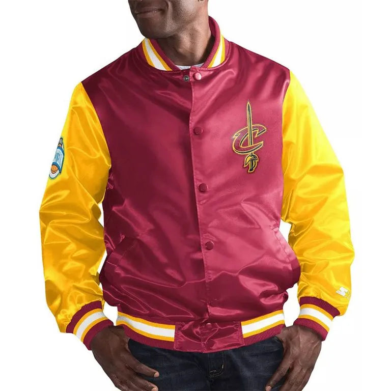 Cleveland Cavaliers Full-Snap Varsity Wine/Gold Satin Men's Bomber Jacket
