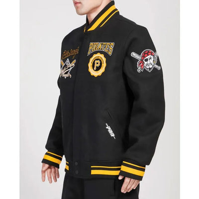 Pittsburgh Pirates Crest Emblem Varsity Full-Snap Black Wool & Leather Men's Jacket