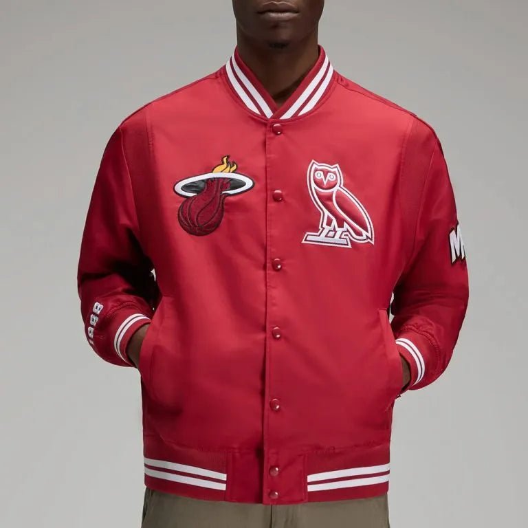 Miami Heat OVO Full-Snap Varsity Red Satin Men's Bomber Jacket