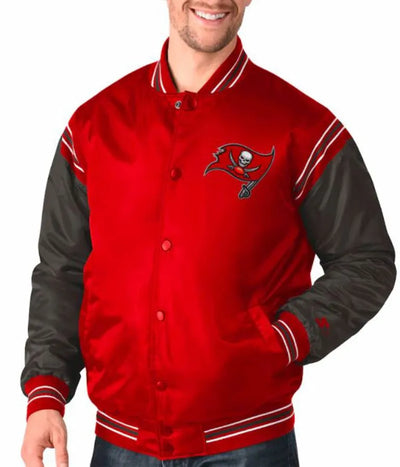 Tampa Bay Buccaneers Full-Snap Varsity Red and Black Satin Men's Bomber Jacket