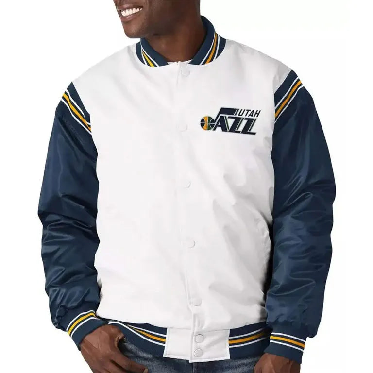 Utah Jazz Renegade Full-Snap Varsity White & Navy Blue Satin Men's Bomber Jacket
