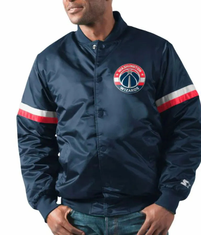 Washington Wizards The Champ Full-Snap Varsity Blue Satin Men's Bomber Jacket