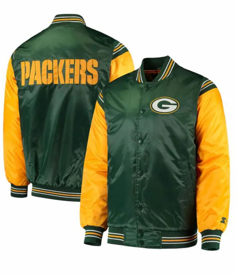 Green Bay Packers Full-Snap Varsity Yellow and Green Satin Men's Bomber Jacket