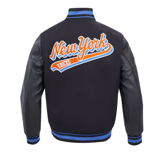 New York Knicks Script Tail Varsity Black Wool & Genuine Leather Sleeves Men's Letterman Jacket