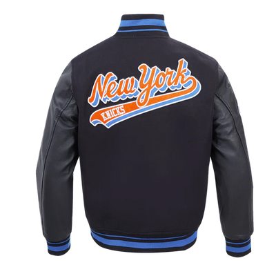 New York Knicks Script Tail Varsity Black Wool & Genuine Leather Sleeves Men's Letterman Jacket