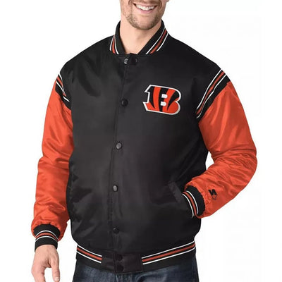 Cincinnati Bengals Enforcer Full-Snap Varsity Black and Orange Satin Men's Bomber Jacket