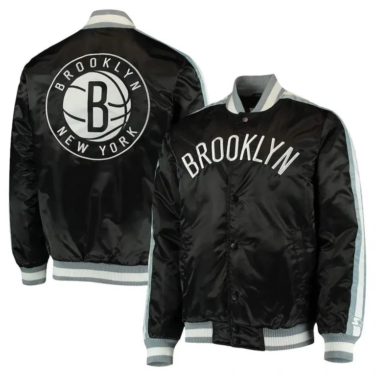 Brooklyn Nets The Offensive Full-Snap Varsity Black Satin Men's Bomber Jacket
