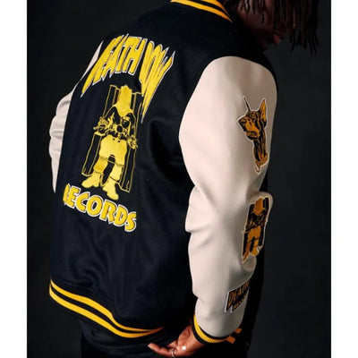 Death Row Records Collegiate Black Wool & White Genuine Leather Sleeves Men's Letterman Varsity Jacket
