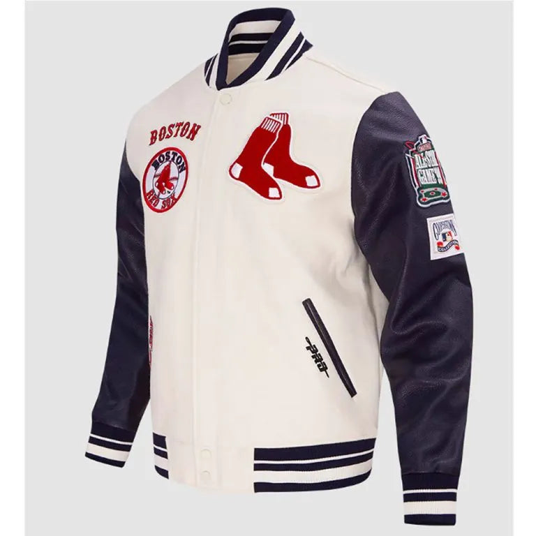 Boston Red Sox Retro White Wool & Navy Blue Leather Sleeves Varsity Men's Jacket