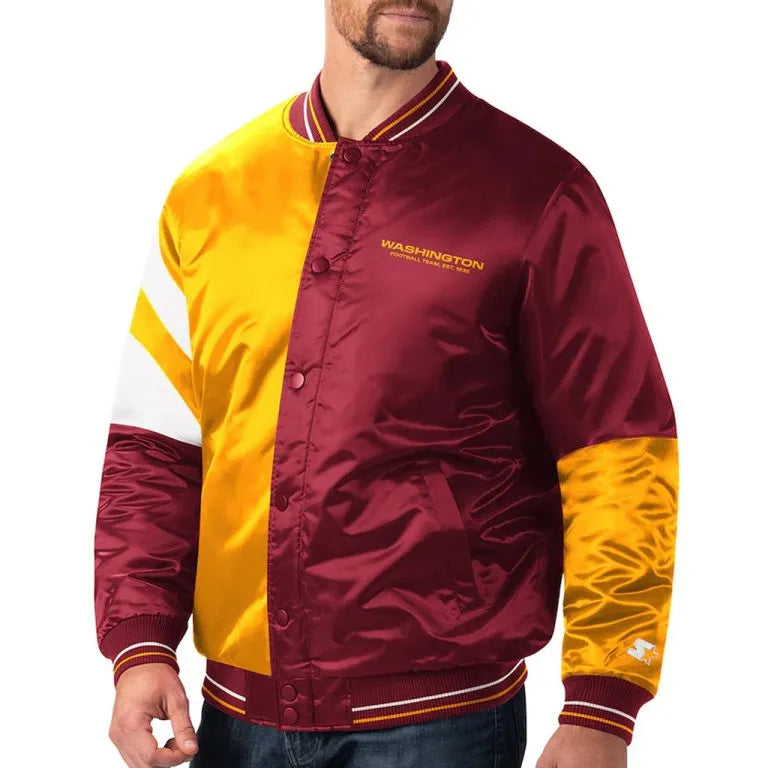 Washington Commanders Color Block Full-Snap Varsity Satin Men's Bomber Jacket