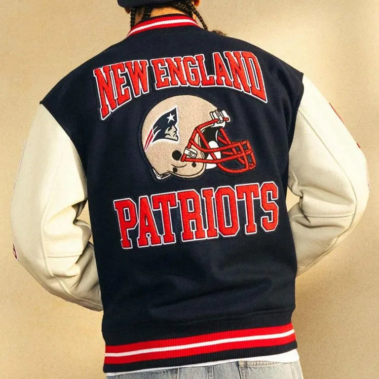 OVO New England Patriots Navy Blue Wool & White Genuine Leather Sleeves Men's Varsity Letterman Jacket