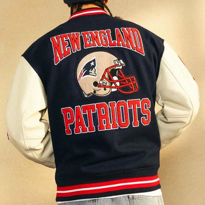 OVO New England Patriots Navy Blue Wool & White Genuine Leather Sleeves Men's Varsity Letterman Jacket