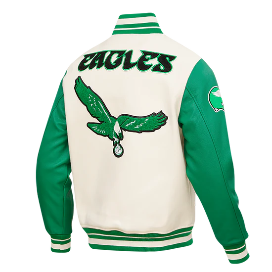 Philadelphia Eagles Mash Up Retro Classic Off White Wool & Green Genuine Leather Sleeves Men's Varsity Letterman Jacket