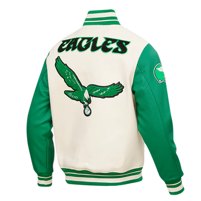Philadelphia Eagles Mash Up Retro Classic Off White Wool & Green Genuine Leather Sleeves Men's Varsity Letterman Jacket