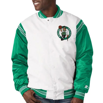 Boston Celtics Full-Snap Varsity White and Kelly Green Satin Men's Bomber Jacket