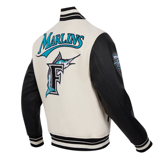 Florida Marlins Varsity Letterman Off White Wool & Leather Sleeves Men's Jacket